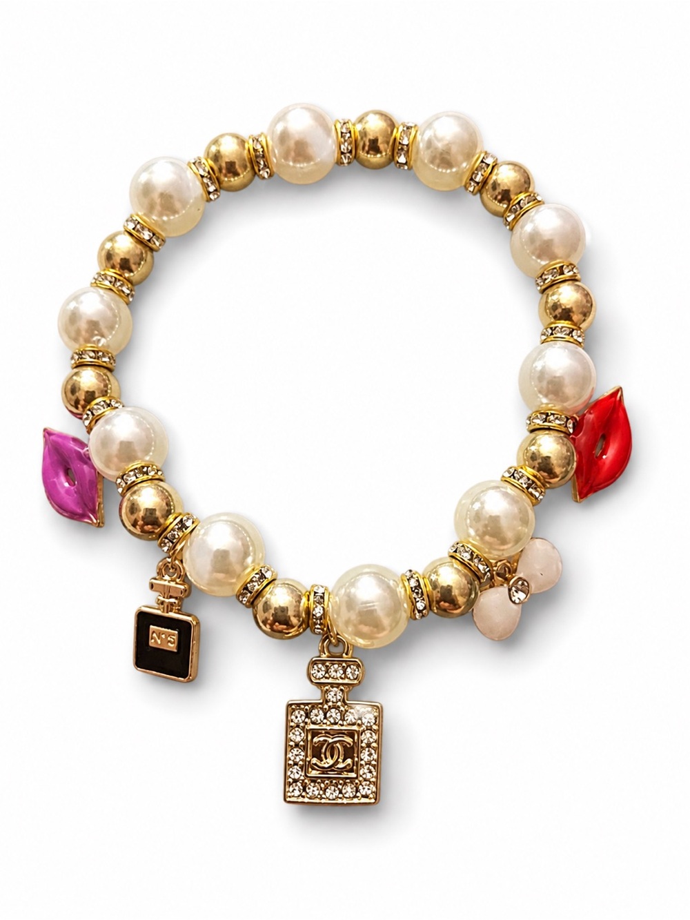 Handmade CC Faux Pearl & Gold Charm Bracelet with Red and Pink Accents